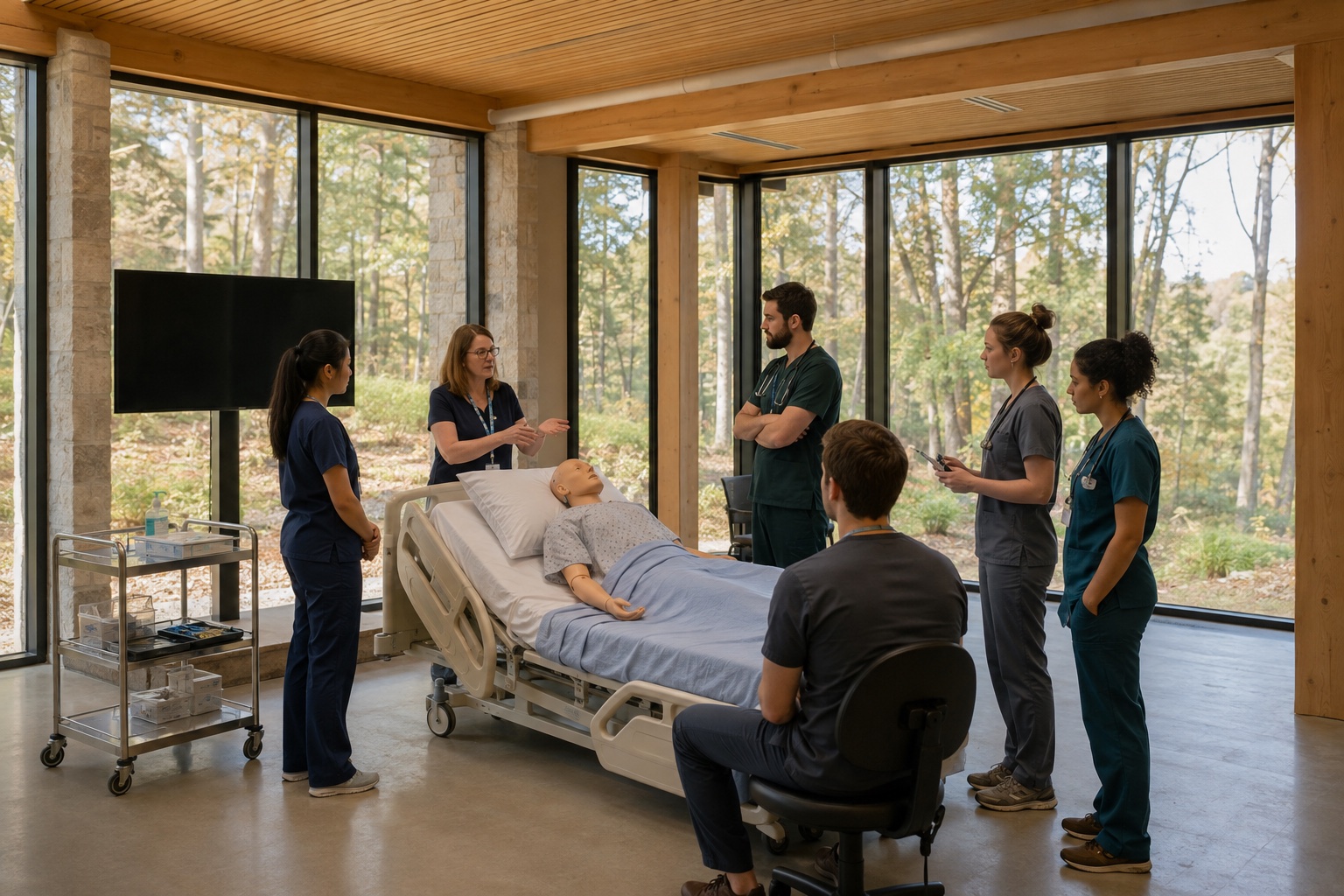 Architectural concept of an educator and adult learners discussing care around a synthetic patient simulator in a bright timber teaching room