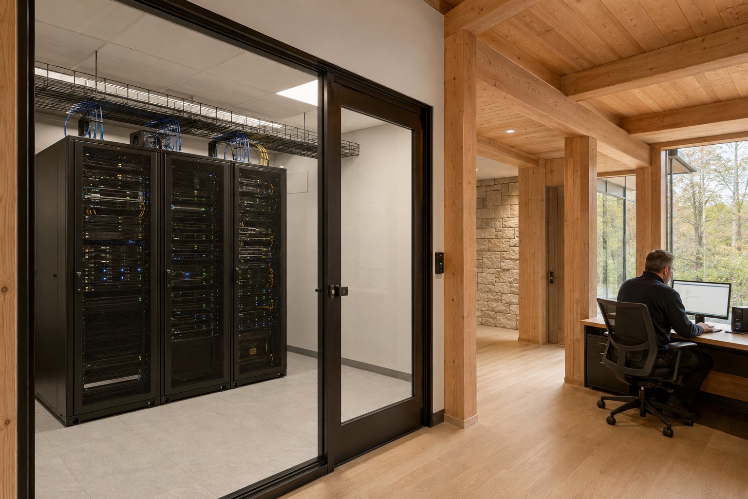 Architectural concept of a hospital server room with enclosed racks behind glass and an engineer at a separate workstation