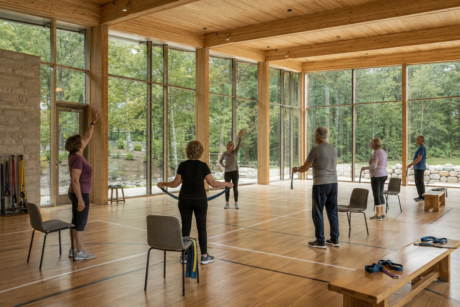 Architectural concept of a wood and glass gymnasium with adults taking part in a supervised gentle exercise class