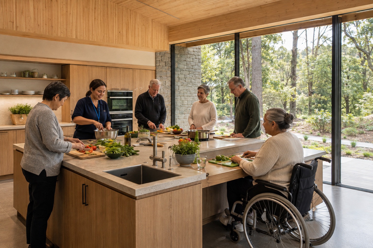 Architectural concept of a dedicated timber teaching kitchen where adults prepare a meal with a dietitian beside large garden windows