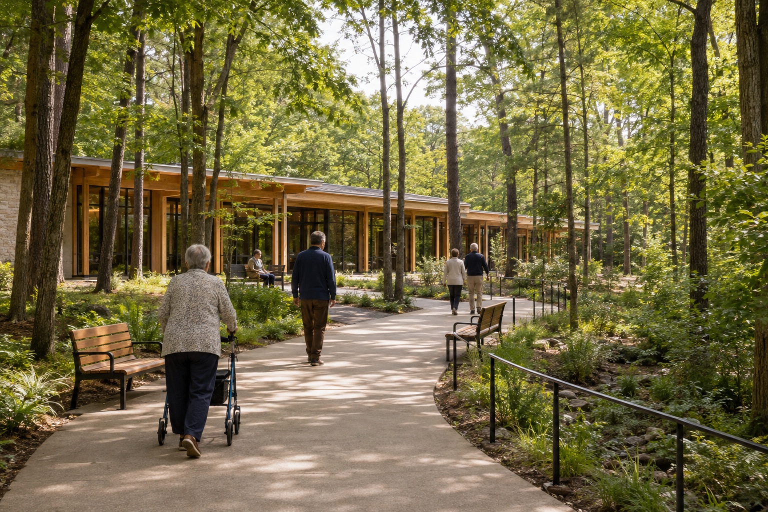 Architectural concept of an accessible woodland walking loop with benches, people walking together and the timber healthcare centre beyond