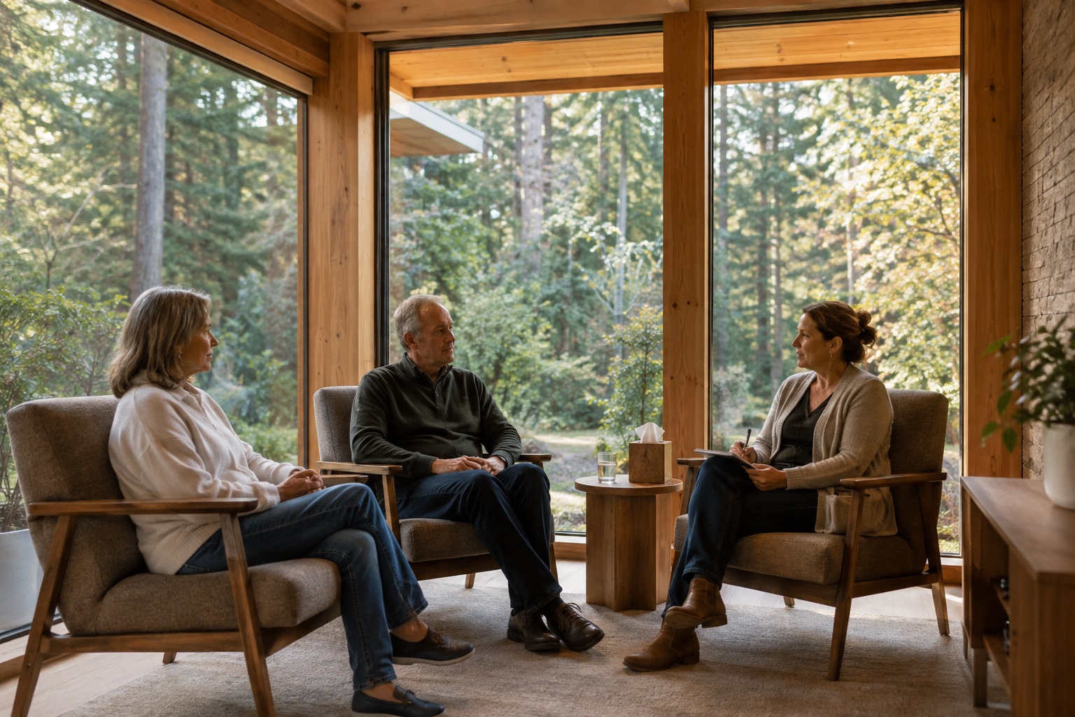 Architectural concept of a private counselling room where a professional and two adults talk in a quiet setting with trees beyond the windows